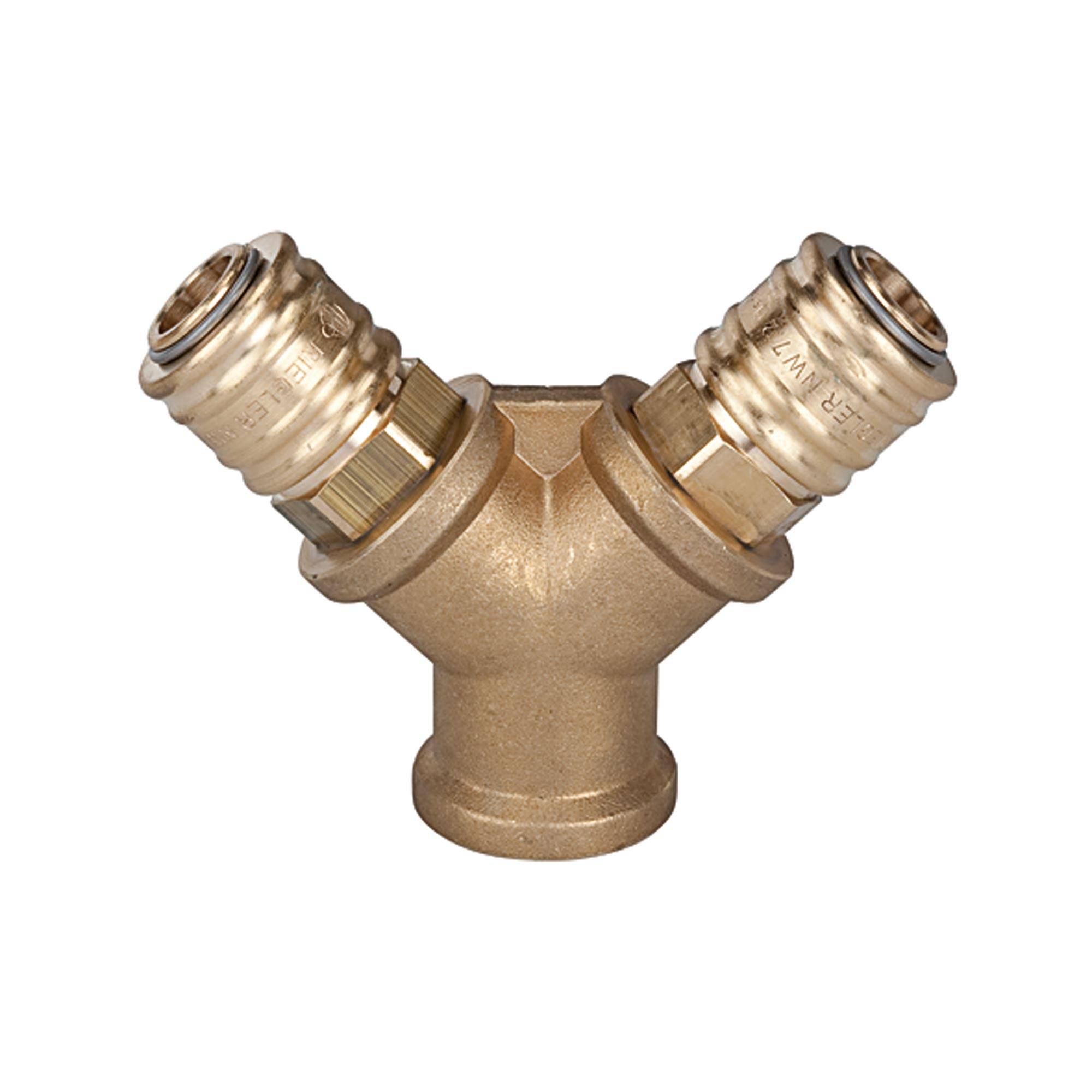 RIEGLER Verteiler mit 2 Schnellverschlusskupplungen NW 7,2, Messing blank, G 1/4 IG, Betriebsdruck 0 - 35 bar, Temp. -20-0