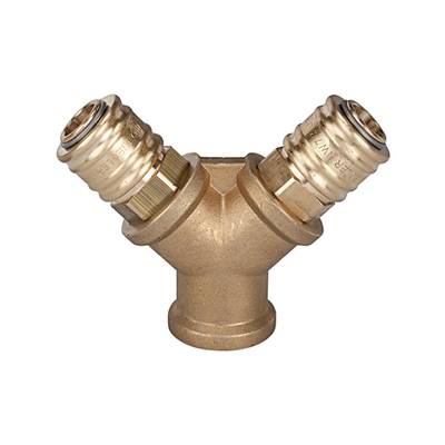 RIEGLER Verteiler mit 2 Schnellverschlusskupplungen NW 7,2, Messing blank, G 1/4 IG, Betriebsdruck 0 - 35 bar, Temp. -20-0