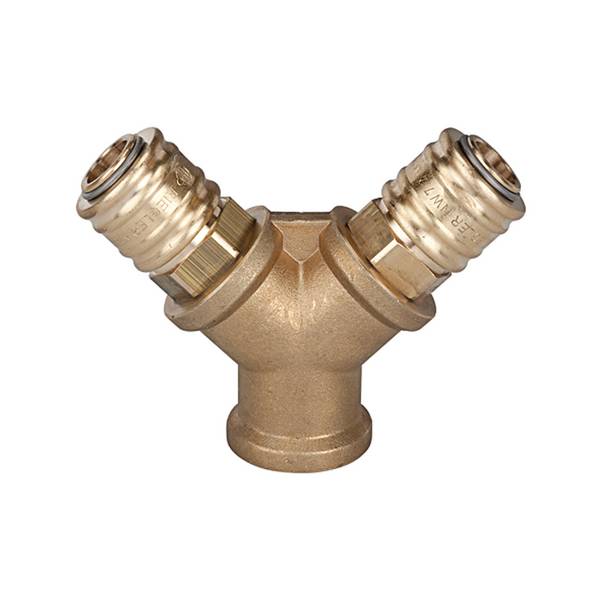 RIEGLER Verteiler mit 2 Schnellverschlusskupplungen NW 7,2, Messing blank, G 1/4 IG, Betriebsdruck 0 - 35 bar, Temp. -20