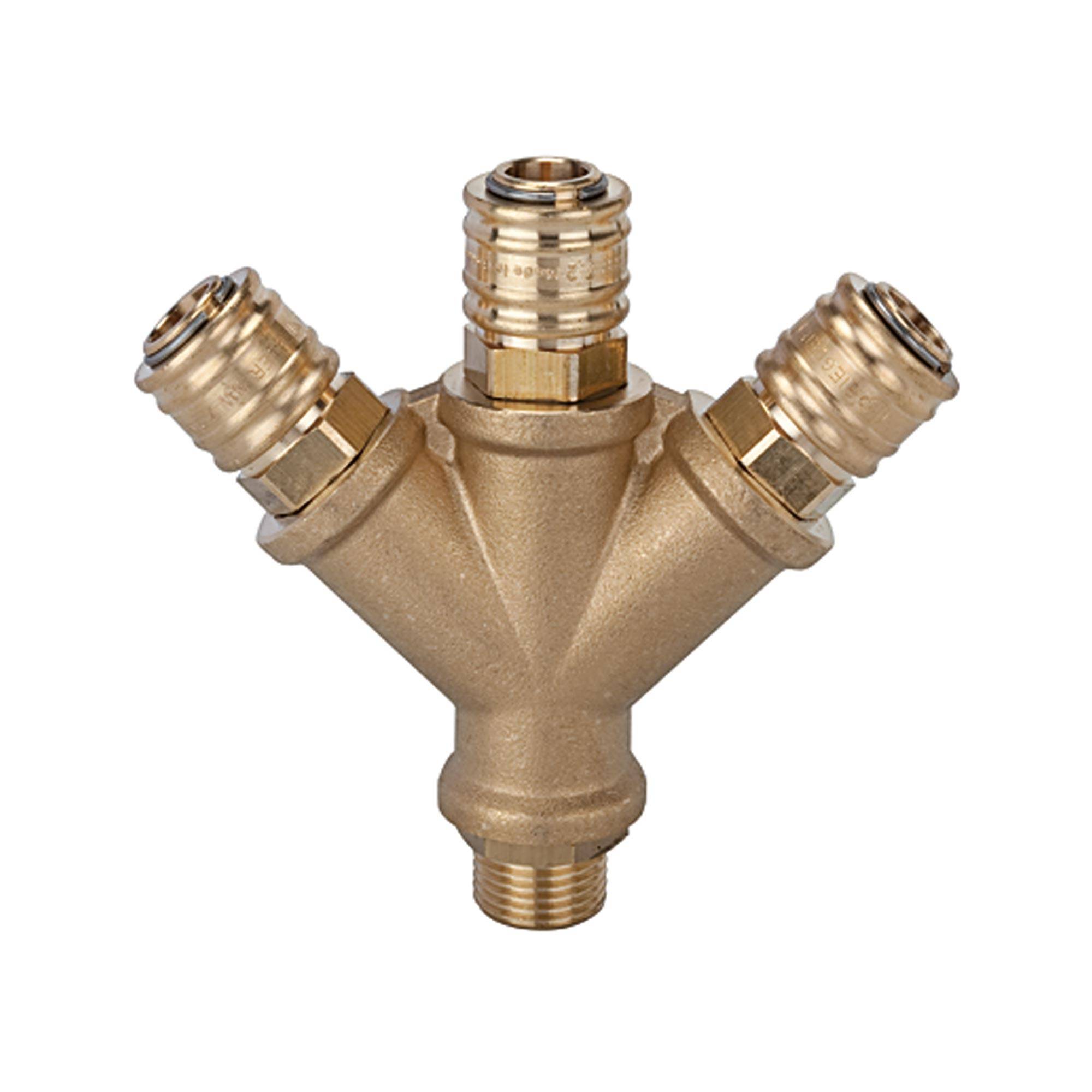 RIEGLER Verteiler mit 3 Schnellverschlusskupplungen NW 7,2, Messing blank, G 1/4 AG, Betriebsdruck 0 - 35 bar, Temp. -20-0