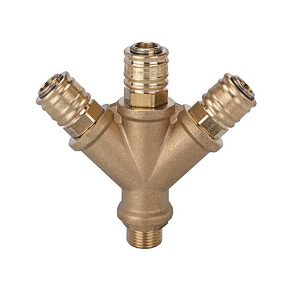 RIEGLER Verteiler mit 3 Schnellverschlusskupplungen NW 7,2, Messing blank, G 1/2 AG, Betriebsdruck 0 - 35 bar, Temp. -20