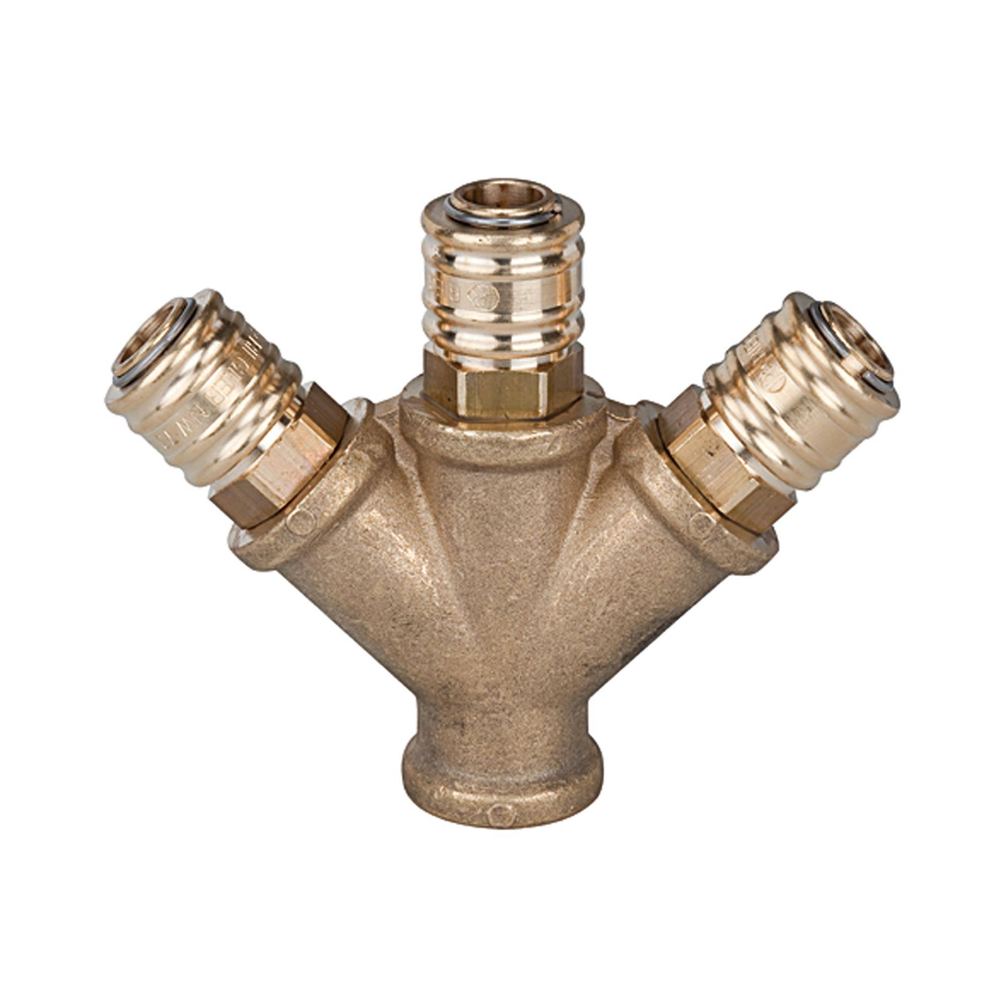 RIEGLER Verteiler mit 3 Schnellverschlusskupplungen NW 7,2, Messing blank, G 1/2 IG, Betriebsdruck 0 - 35 bar, Temp. -20-0