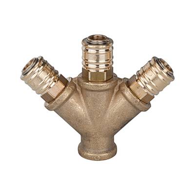 RIEGLER Verteiler mit 3 Schnellverschlusskupplungen NW 7,2, Messing blank, G 1/2 IG, Betriebsdruck 0 - 35 bar, Temp. -20-0