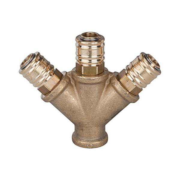RIEGLER Verteiler mit 3 Schnellverschlusskupplungen NW 7,2, Messing blank, G 1/2 IG, Betriebsdruck 0 - 35 bar, Temp. -20