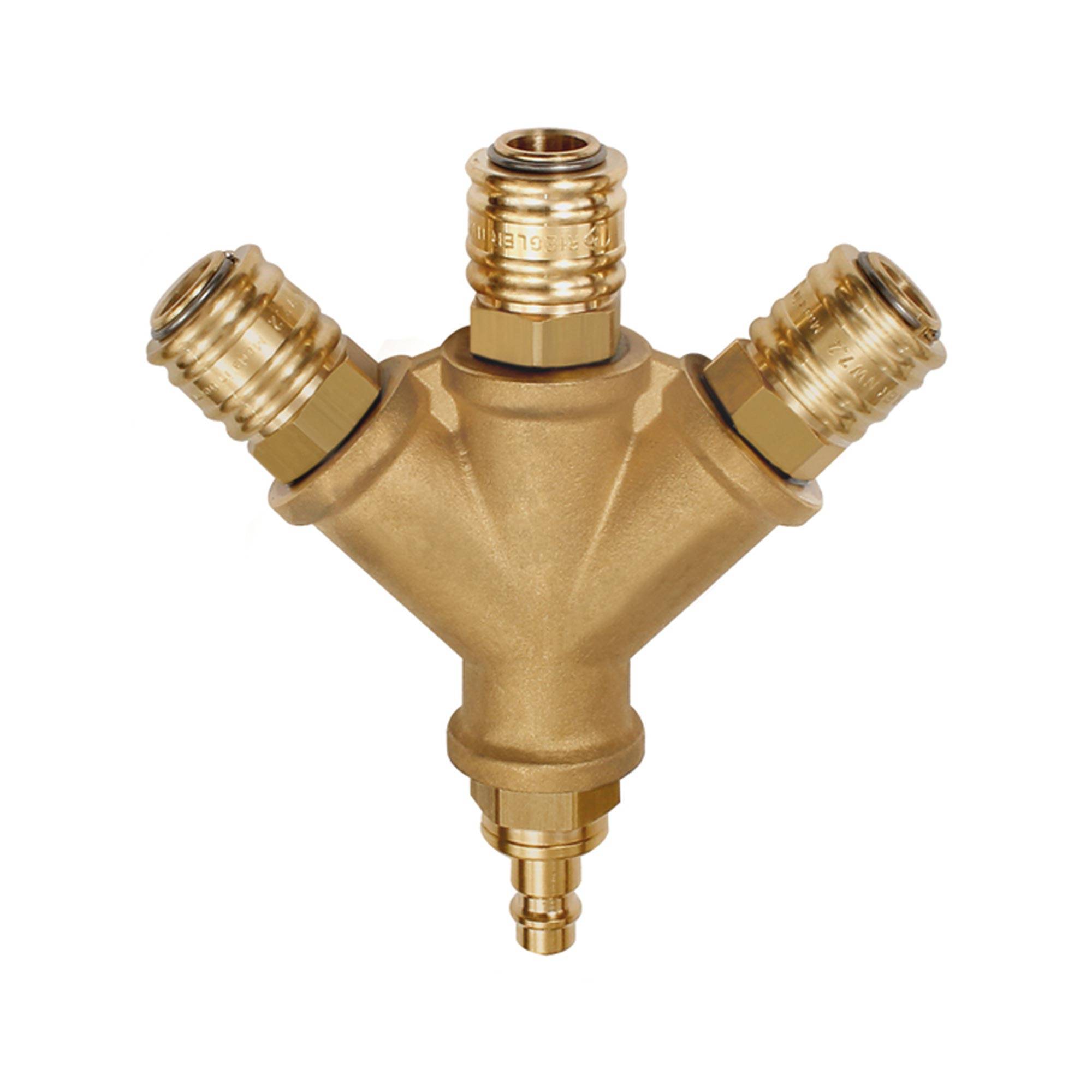 RIEGLER Verteiler mit 3 Schnellverschlusskupplungen NW 7,2, Messing blank, mit Stecknippel NW 7,2 - NW 7,8, G 3/8, Betri-0