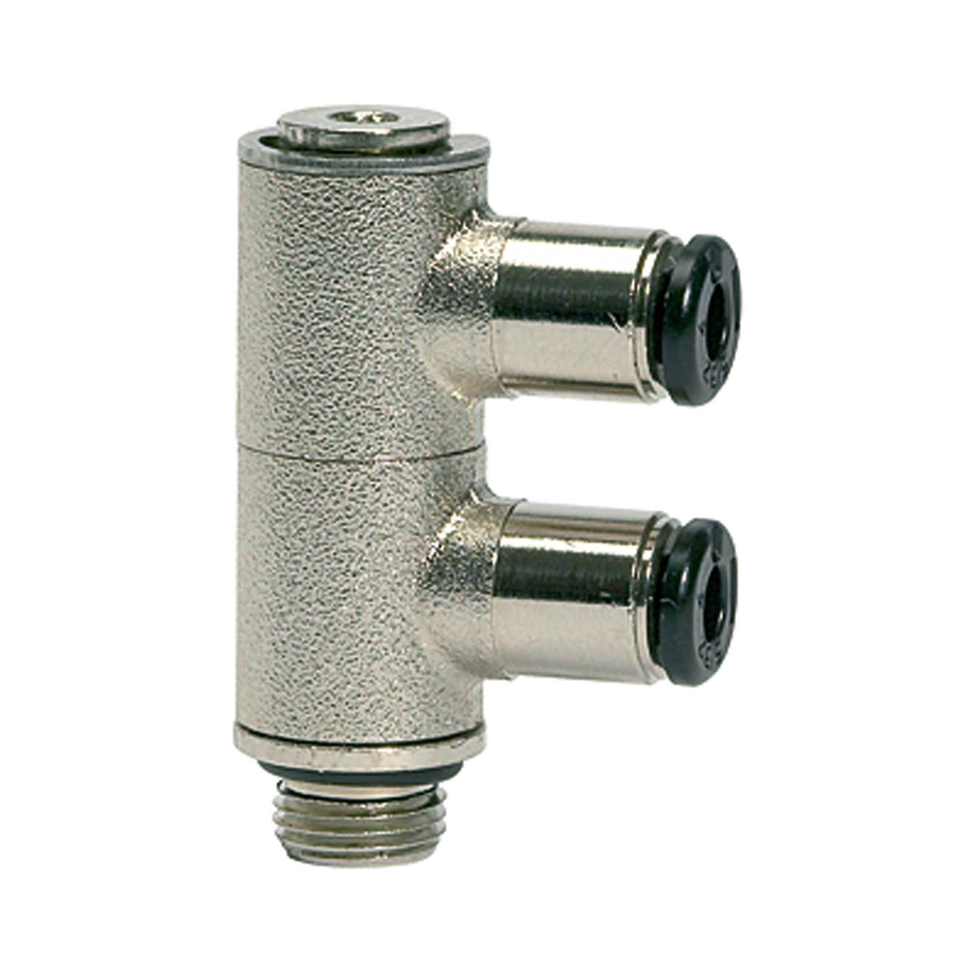 RIEGLER L-Mehrfachverteiler 2-fach »click-clock«, drehbar, G 1/4 a., für Schlauch-Außen-Ø 6, Arbeitsdruck -0,99 bis 16 b-0