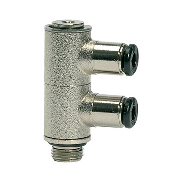 RIEGLER L-Mehrfachverteiler 2-fach »click-clock«, drehbar, G 1/4 a., für Schlauch-Außen-Ø 6, Arbeitsdruck -0,99 bis 16 b