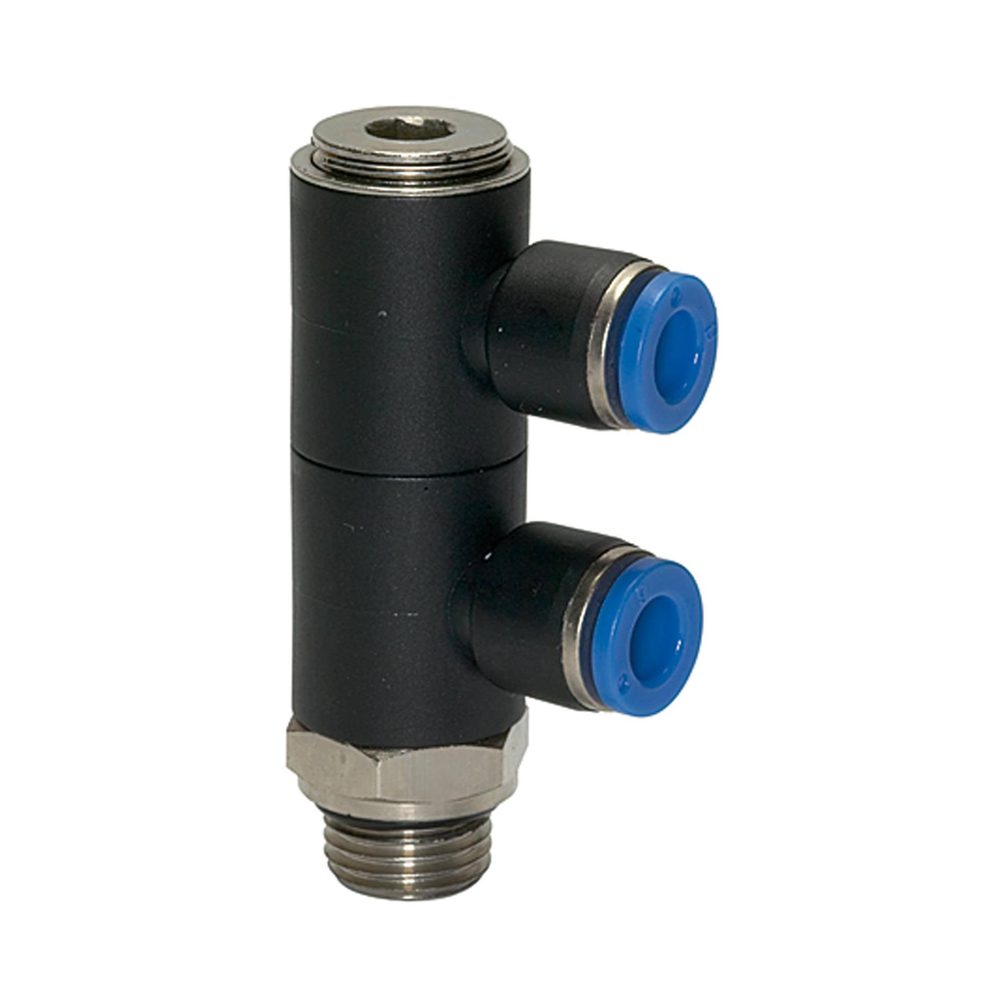 RIEGLER L-Mehrfachverteiler »Blaue Serie«, 2-fach, drehbar, G 3/8 a., für Schl.-Außen-Ø 6 mm, pmax kurzzeitig 15 bar, Ku-0