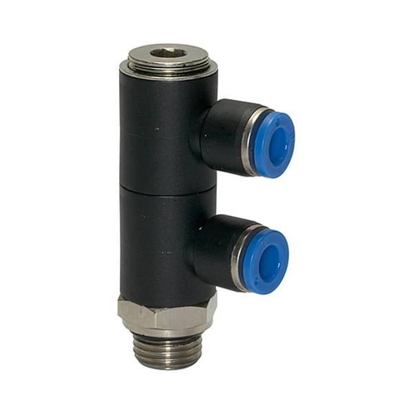RIEGLER L-Mehrfachverteiler »Blaue Serie«, 2-fach, drehbar, G 3/8 a., für Schl.-Außen-Ø 6 mm, pmax kurzzeitig 15 bar, Ku