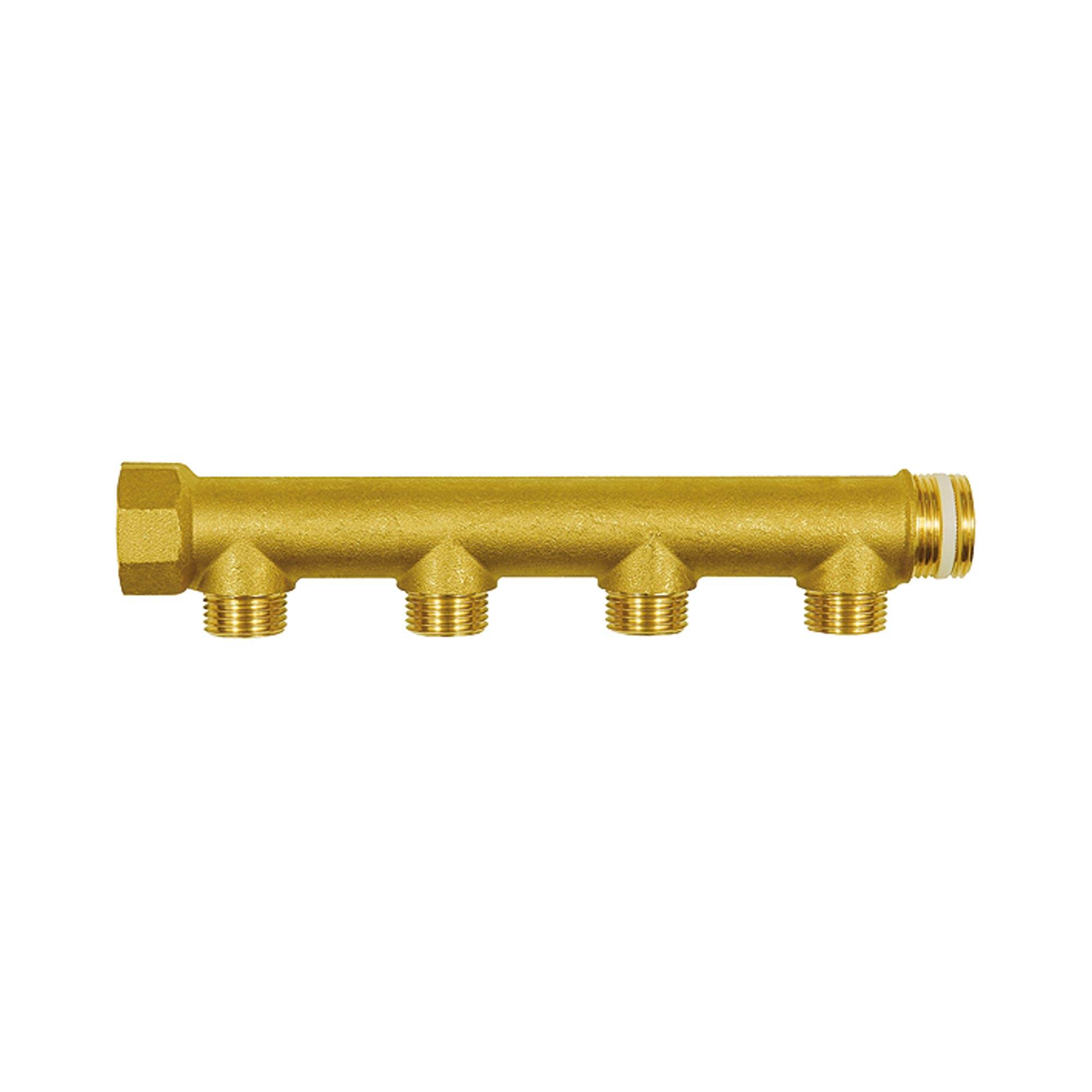 RIEGLER Verteilerrohr, 4 Abgänge, Eingang 2 x 3/4 mit PTFE-Dichtring, Ausgang 4 x Außengewinde 1/2, Messing. Zur Montag-0