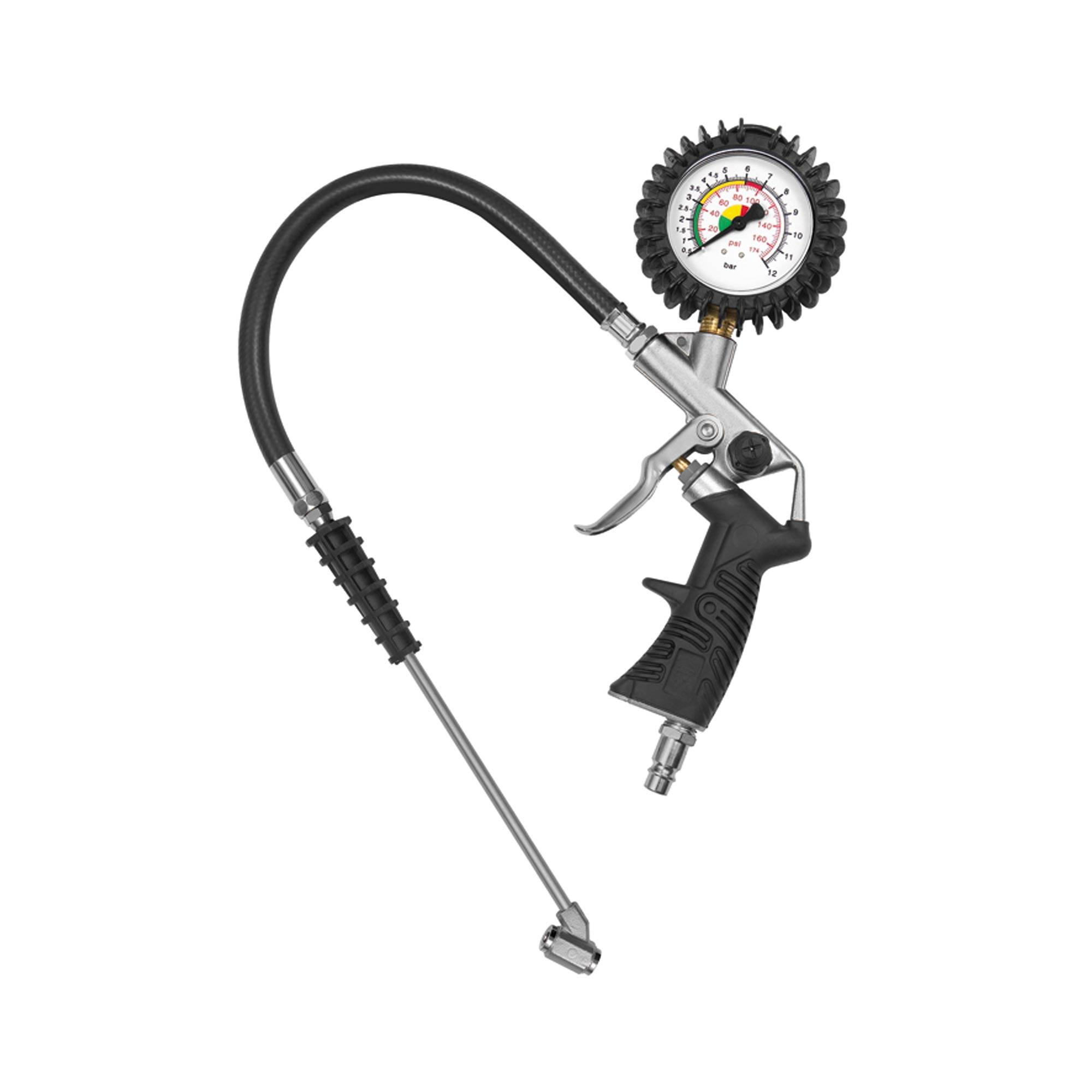 RIEGLER Standard-Handreifenfüllmesser, Tankstellenstecker, Schlauch starr, Mano Ø 63 mm, ungeeicht, 0-12 bar/170 psi, St-0