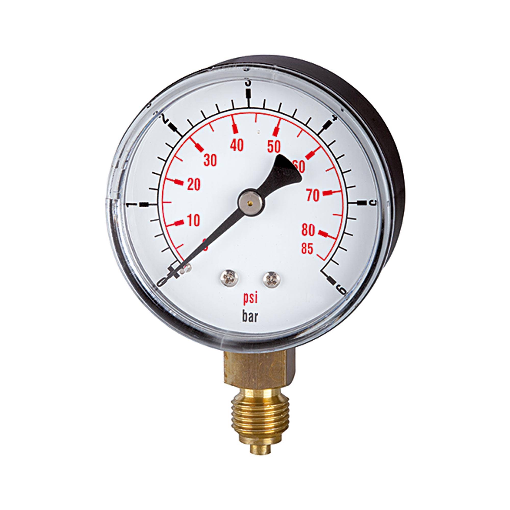 RIEGLER Standardmano. »pressure line«, Stahlblechgeh., Anschluss radial unten, G 1/4, Güteklasse 1,6, Messber. -1/0 bar-0