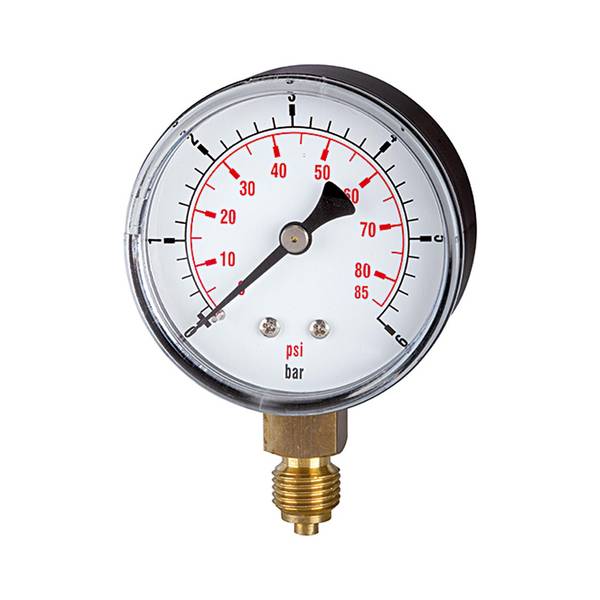 RIEGLER Standardmano. »pressure line«, Stahlblechgeh., Anschluss radial unten, G 1/4, Güteklasse 1,6, Messber. -1/0 bar