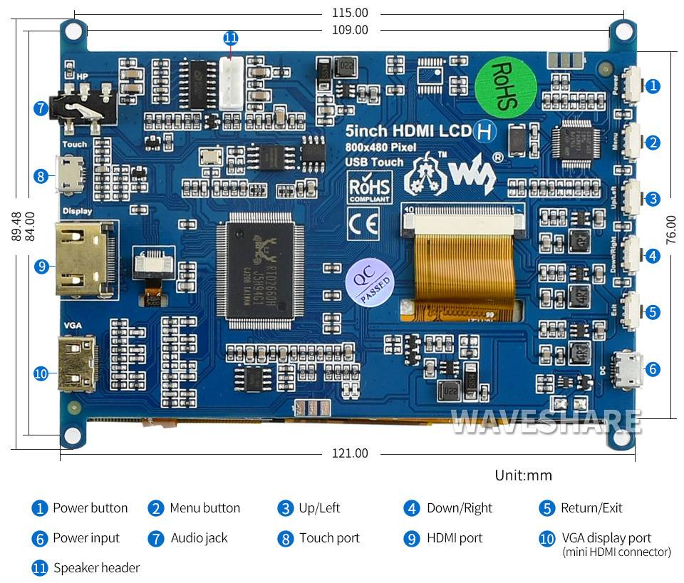 Waveshare 5 inch Display 800x480 capacitive Touchscreen LCD(H) HDMI-2