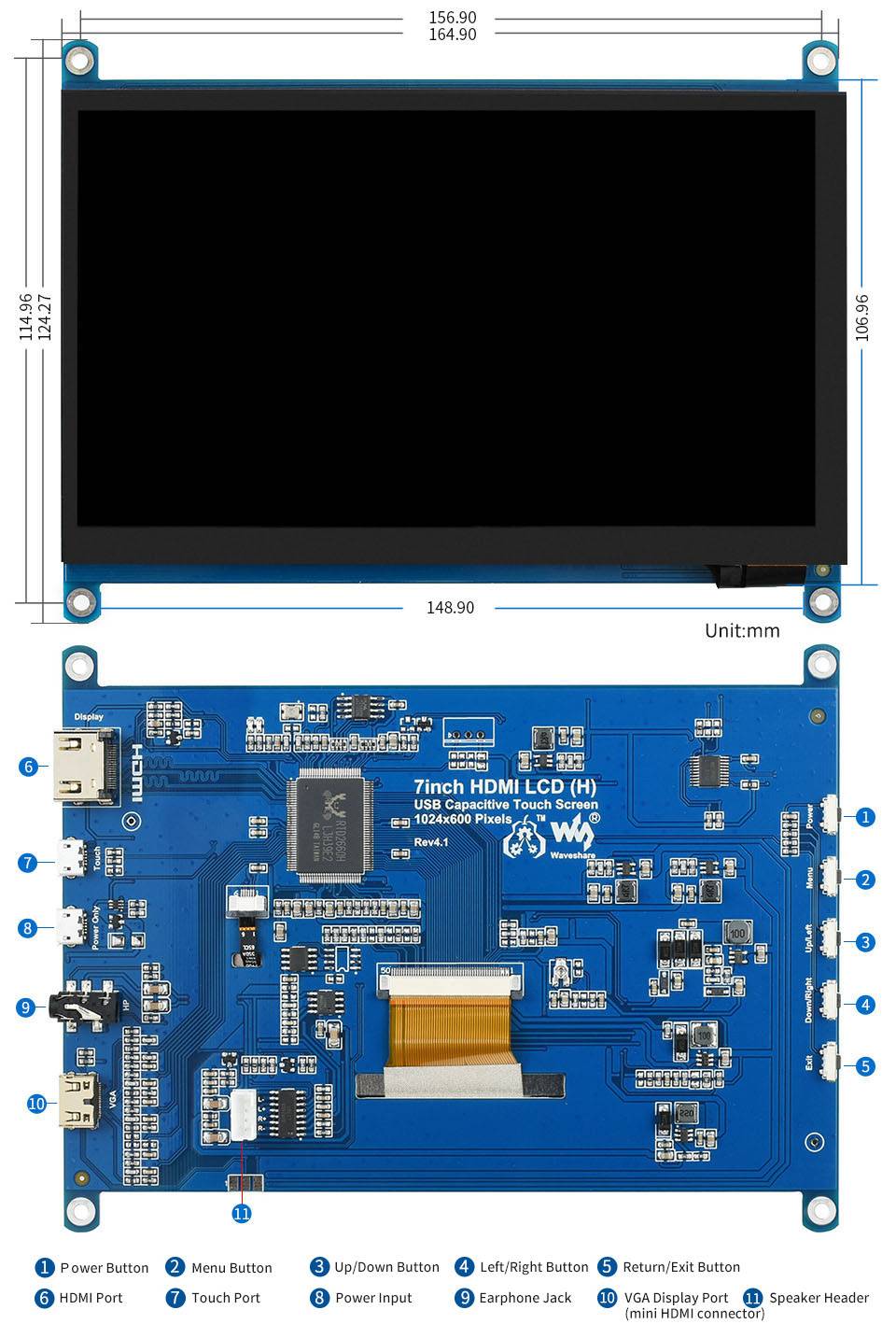 Waveshare 7 inch Display 1024x600 capacitive Touchscreen LCD(H) HDMI IPS-4