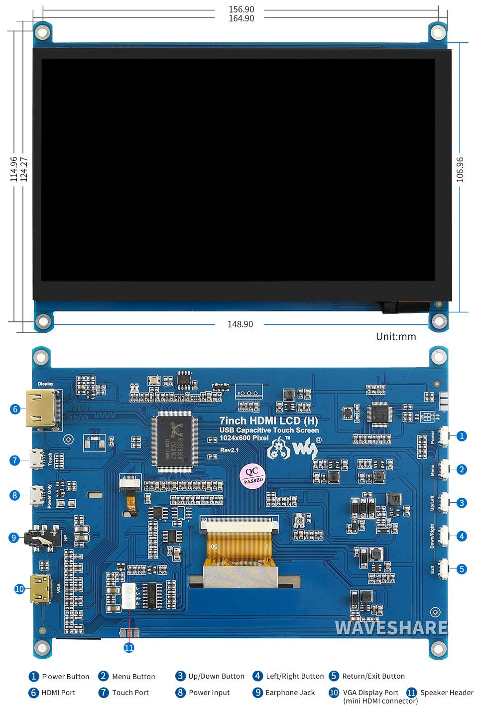 Waveshare 7 inch Display 1024x600 capacitive Touchscreen LCD(H) HDMI IPS-7