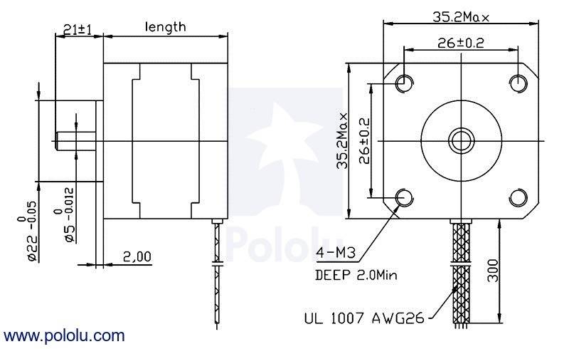 Pololu Stepper Motor NEMA 14 Bipolar 200 Steps/Rev 35x26mm 7.4V 0.28A/Phase-1
