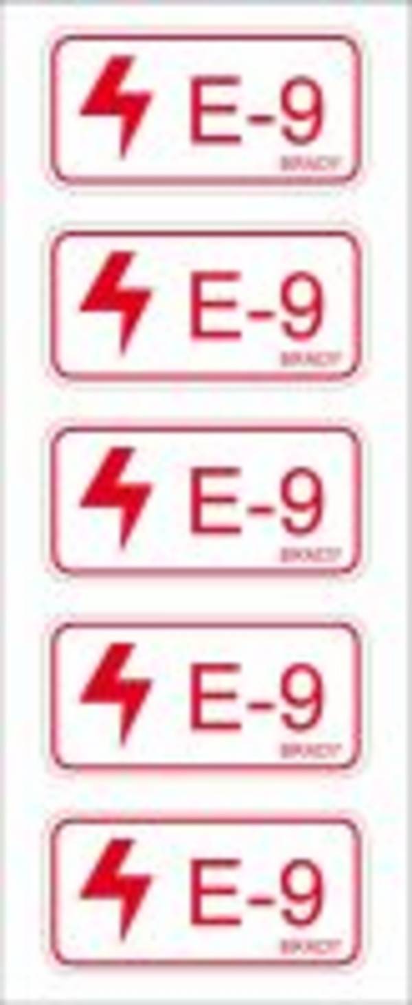 Polyester laminiert, Energy Source Label - Electrical/Elektrik, 75 x 38mm, Rot auf Weiß, Beschriftung: E-9, permanent (5 Etiketten/Pack)