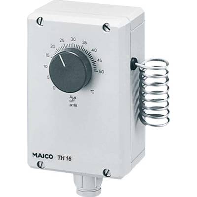Thermostat mit Skala von 0-60°C, Reglerknopf in Mittelposition, Metallfeder rechts. Logo 'Maico TH16' unten links.