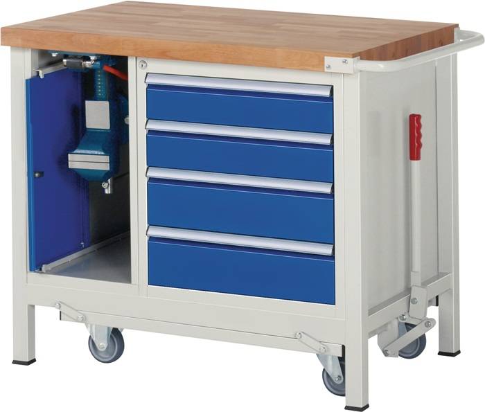 Werkbank Classic B1000xT700xH840mm Buche grau/blau 1Schub.1Tür Schraubst.m.Lift-1