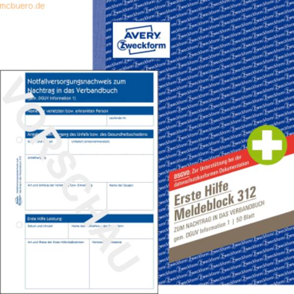 Avery Zweckform Meldeblock Erste Hilfe 312 A5 50 Blatt