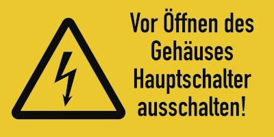 Vor Öffnen des Gehäuses Hauptschalter ausschalten!, Kombischild, Folie, 105x52 mm-0