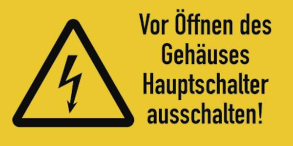 Vor Öffnen des Gehäuses Hauptschalter ausschalten!, Kombischild, Folie, 105x52 mm