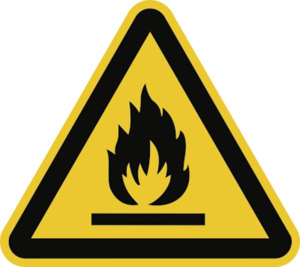 Schild Warnung vor feuergefährlichen Stoffen ISO 7010, Folie, 100 mm SL