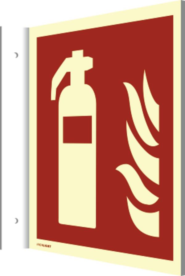 Fahnenschild Feuerlöscher ISO 7010, Alu, nachleucht., 160-mcd, 200x200 mm