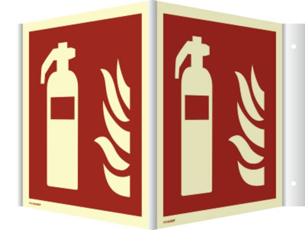 Winkelschild Feuerlöscher ISO 7010, Alu, nachleucht., 160-mcd, 148x148 mm