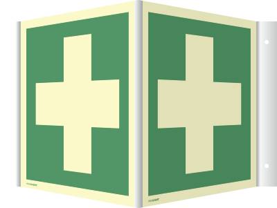 Winkelschild Erste Hilfe, ISO 7010, Kunststoff, nachleucht., 160-mcd, 200x200 mm-0