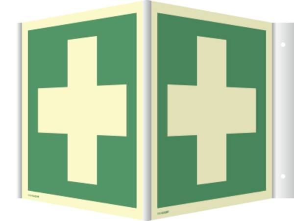 Winkelschild Erste Hilfe, ISO 7010, Kunststoff, nachleucht., 160-mcd, 200x200 mm