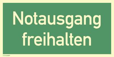 Notausgang freihalten, Textschild, Kunststoff, nachleucht., 160-mcd, 297x148 mm-0