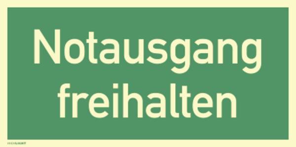 Notausgang freihalten, Textschild, Kunststoff, nachleucht., 160-mcd, 297x148 mm