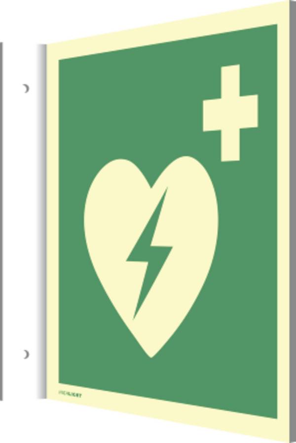 Fahnenschild Automat. externer Defibrillator, Kunststoff, nachl., 160-mcd, 200x200mm
