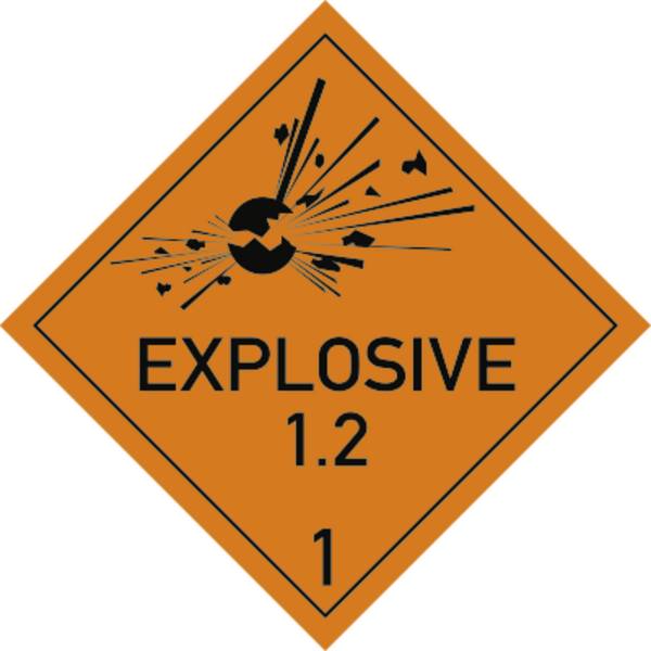 Aufkleber Gefahrzettel Klasse 1 - Unterklasse 1.2 Text EXPLOSIVE, Folie, 300x300 mm