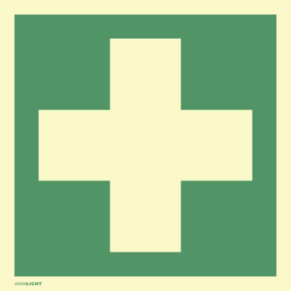 Schild Erste Hilfe, ISO 7010, Alu, langnachleuchtend, 160-mcd, 148x148 mm