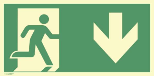 Aufkleber Notausgang rechts Pfeil unten, ISO 7010, Folie, nachleucht., 160-mcd, 297x148 mm