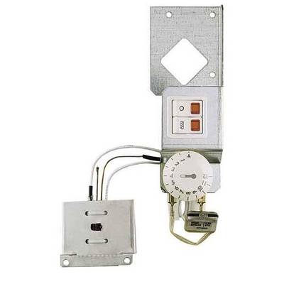 Ein elektrischer Thermostat mit zwei Tasten und einem Drehregler, angeschlossen an eine Metallplatte, vermutlich zur Temperaturregelung.
