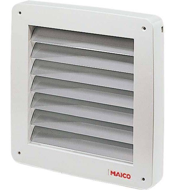Ein weißes Belüftungsgitter mit mehreren horizontalen Lamellen, geeignet für Wand- oder Deckenmontage, Markenname 'MAICO' sichtbar.