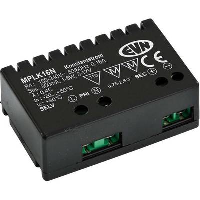 Schwarzer LED-Treiber MPLK16N mit technischen Spezifikationen: Eingang 100-240V, Ausgang 350mA, 16W, geeignet für Konstantstromanwendungen.