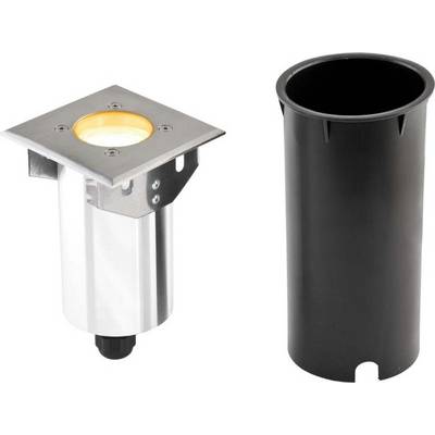 Einbaustrahler (links) mit quadratischer Platte, LEDs sichtbar. Rechts ein dazu passender schwarzer Einbautopf.