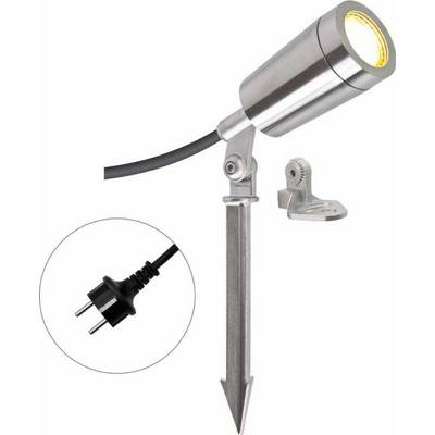 Metallische Gartenleuchte mit Erdspieß und EU-Stecker, geeignet zur Beleuchtung im Freien; silbernes, modernes Design.