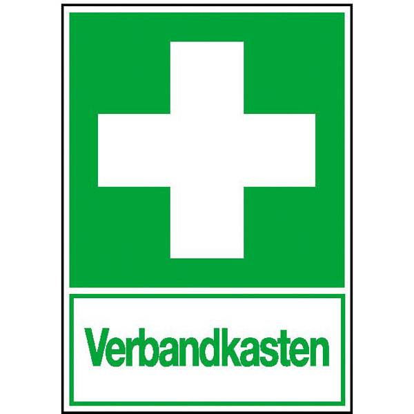 Verbandkasten Rettungs-Kombischild, Kunststoff, 20x30 cm DIN EN ISO 7010 E003 + Zusatztext ASR A1.3 E003 + Zusatztext