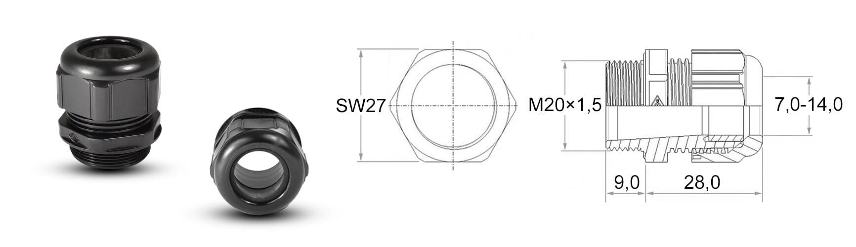 Kabelverschraubung M20x1,5 - PA 6.6, schwarz ~ RAL 9005 - emico-3