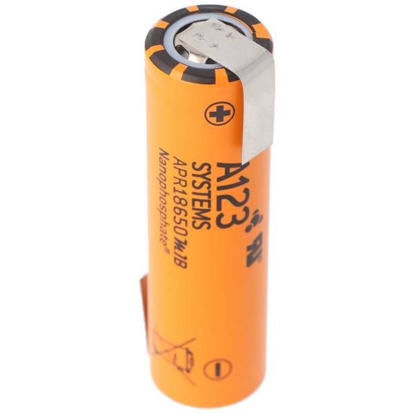 A123 APR18650M-A1 1100mAh 3,3V LiFePo4 Akku mit Lötfahne Z-Form 64,95x18,2mm