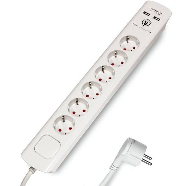 FeinTech MD000632 Überspannungsschutz-Steckdosenleiste 6-fach mit Schalter USB Flachstecker 1,5 m Kabel