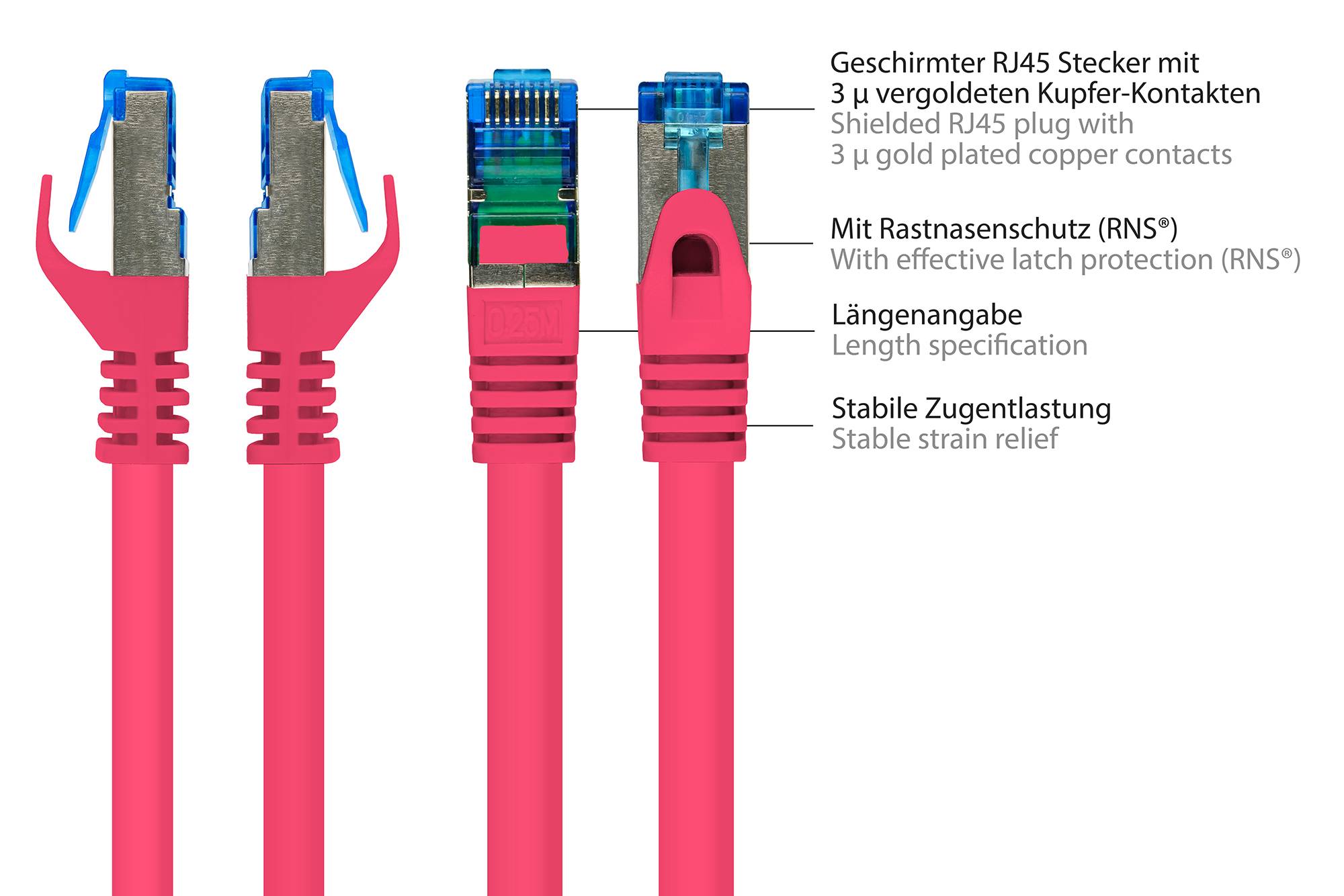 RNS® Patchkabel mit Rastnasenschutz, Cat. 6A, S/FTP, PiMF, halogenfrei, 500MHz, magenta, 15m, Good Connections®-1