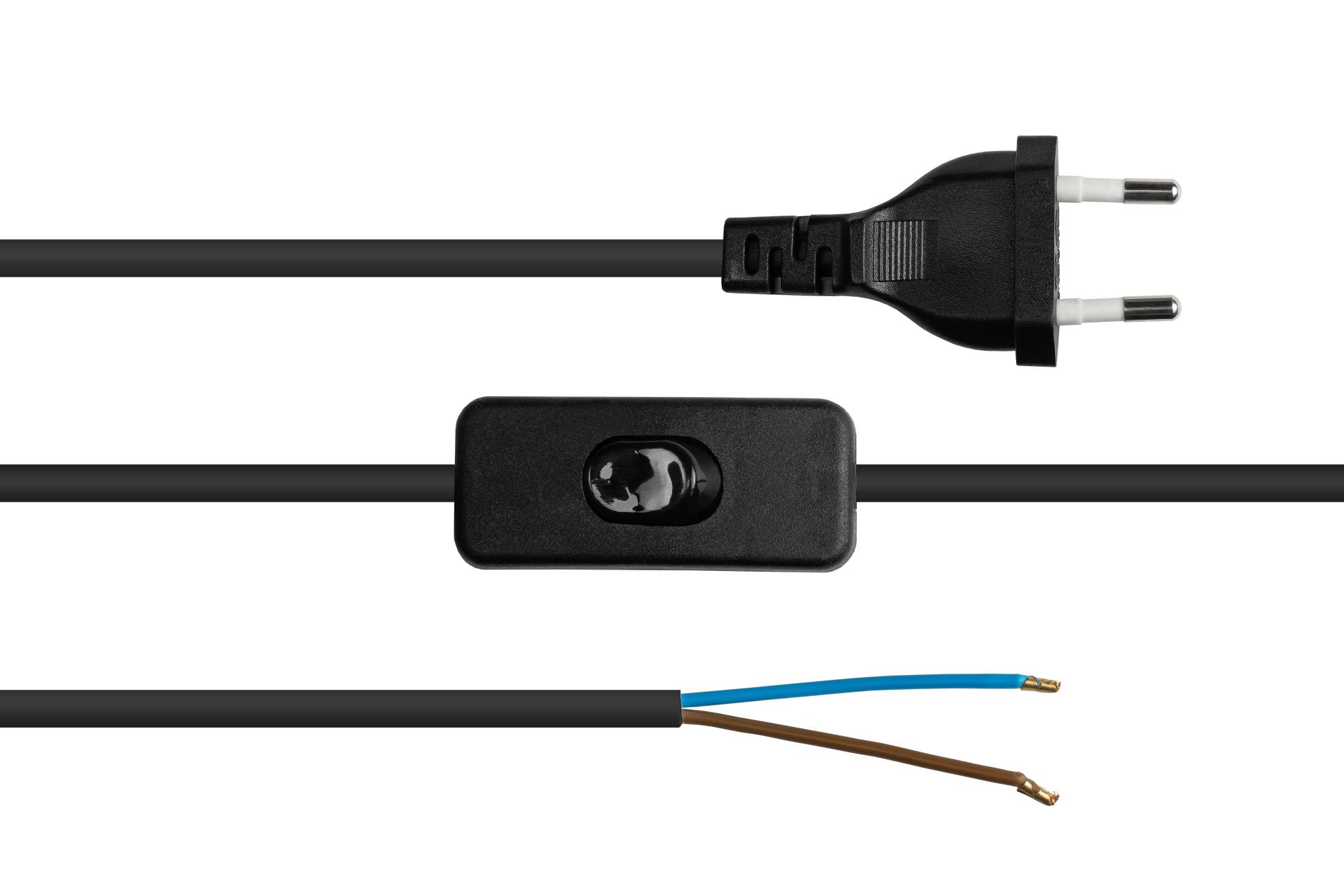 Kabelmeister® Euro-Netzkabel Euro-Stecker Typ C (gerade) an abisolierte Enden, mit Schalter, schwarz, 0,75 mm², 1,5 m-1