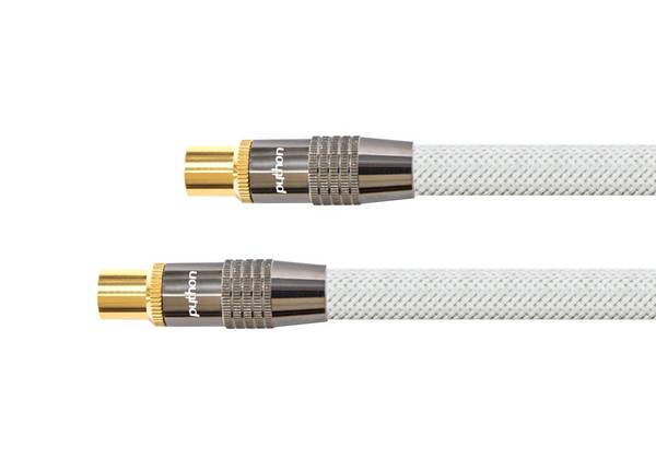 Python® Series Antennenkabel, IEC/Koax Stecker an Buchse, vergoldet, Schirmmaß 120 dB, 75 Ohm, Nylongeflecht weiß, 3m